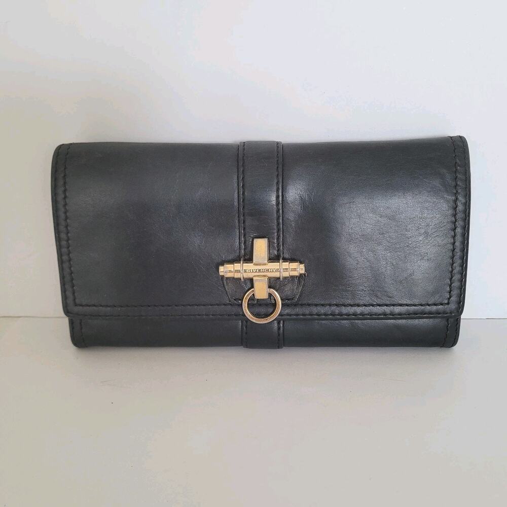 Givenchy Envelope Card Bill Holder Black Wallet Leather Vintage‎ Clasp Large